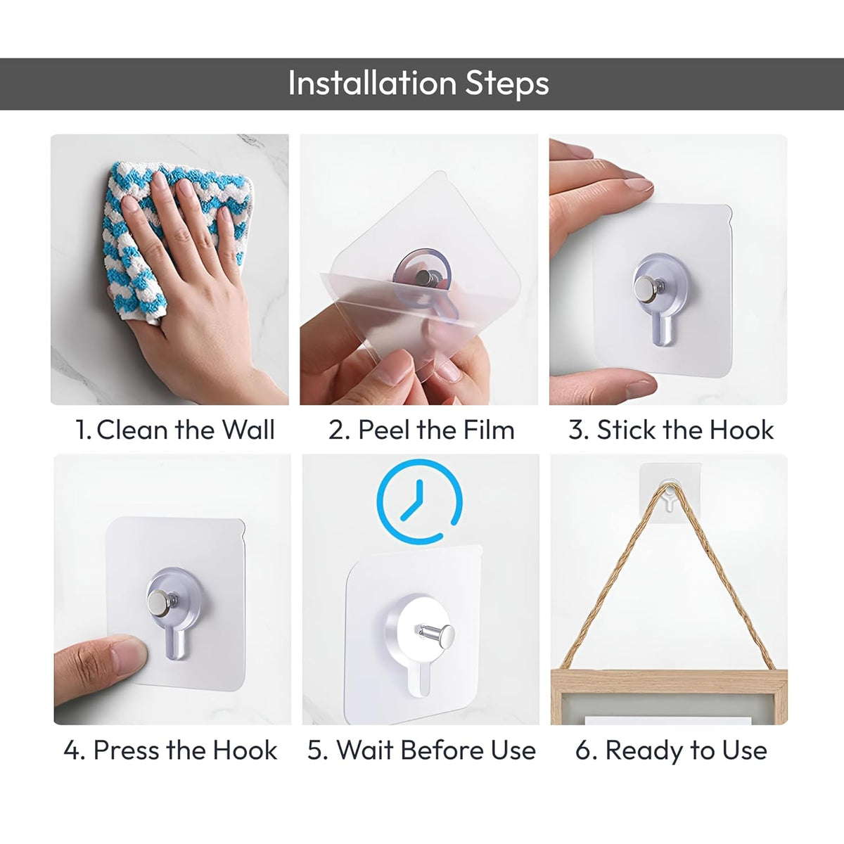 Photo Frame Hooks for Wall Without Drilling, (10 Pack) Self Adhesive Hooks for Wall Heavy Duty Strong Nail Free  (Hanging Hook, Transparent) Stainless Steel