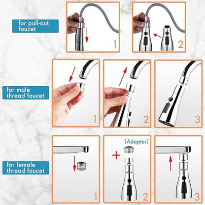 360° Rotating Kitchen Tap Extender, Flexible Faucet Attachment with 2/3 Mode Spray Head, Universal Splash Filter Aerator