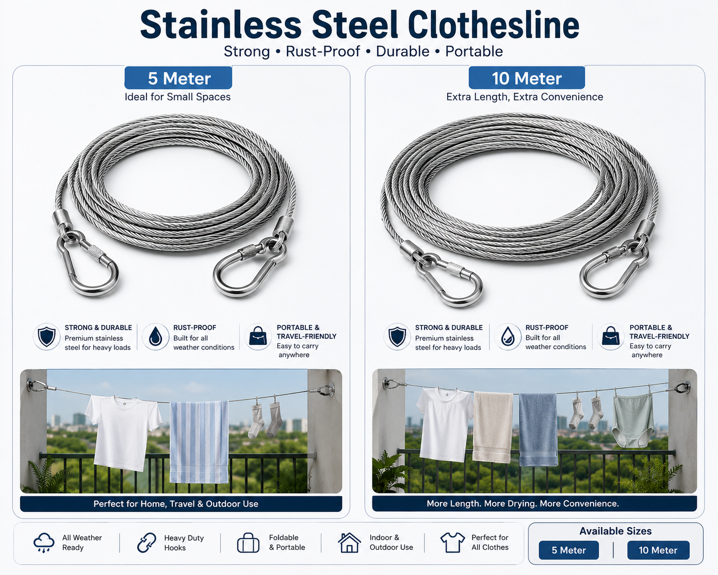Heavy-Duty Stainless Steel Clothesline with Carabiner Hooks-. 1 YEAR WARRANTY