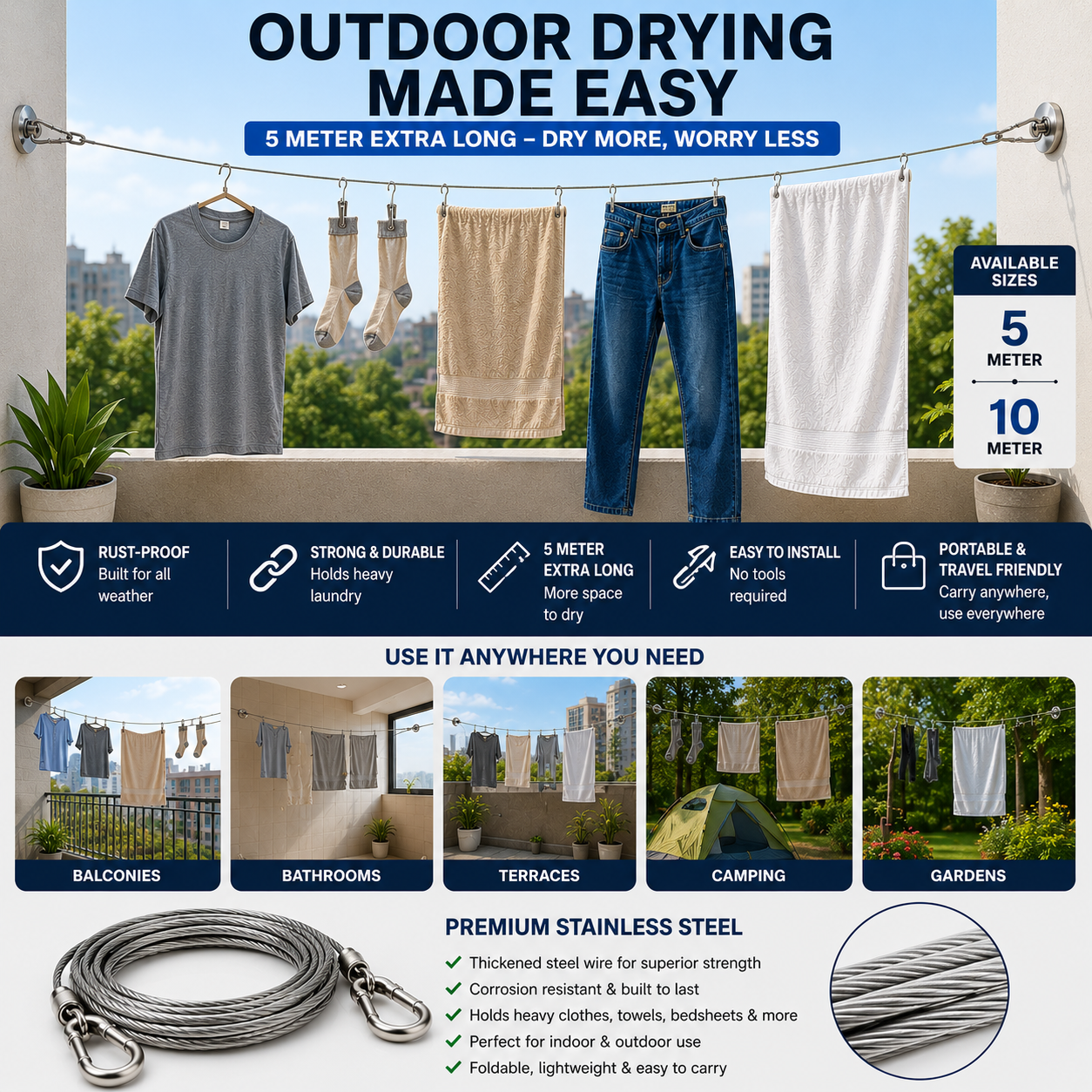 Heavy-Duty Stainless Steel Clothesline with Carabiner Hooks-. 1 YEAR WARRANTY