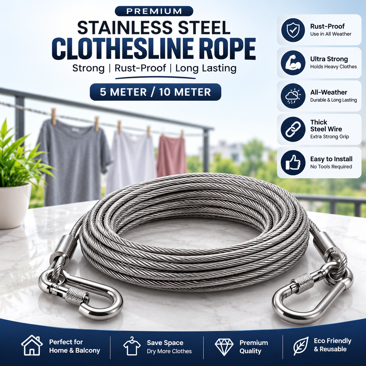 Heavy-Duty Stainless Steel Clothesline with Carabiner Hooks-. 1 YEAR WARRANTY