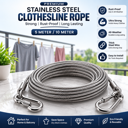 Heavy-Duty Stainless Steel Clothesline with Carabiner Hooks-. 1 YEAR WARRANTY