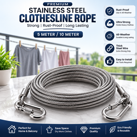 Heavy-Duty Stainless Steel Clothesline with Carabiner Hooks-. 1 YEAR WARRANTY