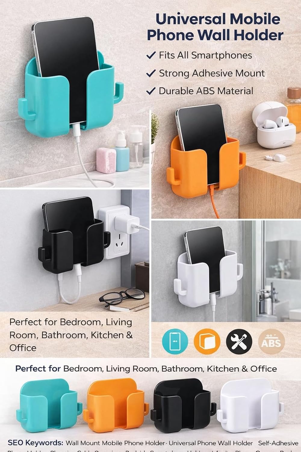 Wall Mount Phone Holder with 2 Hooks, No Drill, Sticky, Multipurpose Stand  ( Pack of 4)