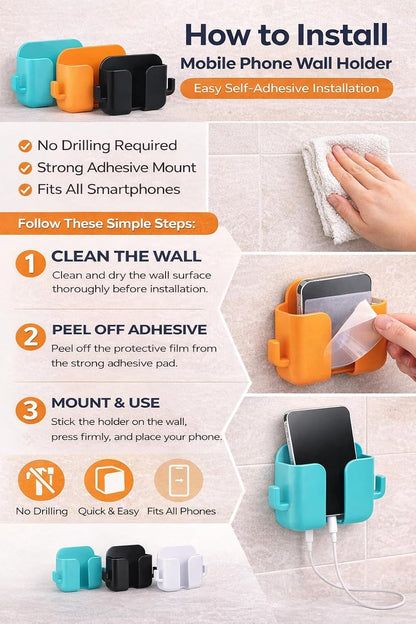 Wall Mount Phone Holder with 2 Hooks, No Drill, Sticky, Multipurpose Stand  ( Pack of 4)